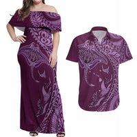 Hawaiian Manta Ray and Polynesian Tribal Tattoo Couples Matching Off Shoulder Maxi Dress and Hawaiian Shirt Pink Color LT03 Pink - Polynesian Pride