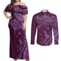 Hawaiian Manta Ray and Polynesian Tribal Tattoo Couples Matching Off Shoulder Maxi Dress and Long Sleeve Button Shirt Pink Color LT03