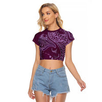 Hawaiian Manta Ray and Polynesian Tribal Tattoo Raglan Cropped T Shirt Pink Color LT03 Female Pink - Polynesian Pride