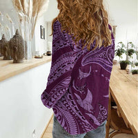 Hawaiian Manta Ray and Polynesian Tribal Tattoo Women Casual Shirt Pink Color LT03 - Polynesian Pride