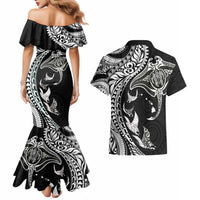 Hawaiian Manta Ray and Polynesian Tribal Tattoo Couples Matching Mermaid Dress and Hawaiian Shirt Black Color LT03 - Polynesian Pride