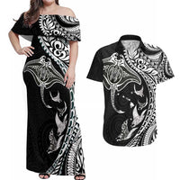 Hawaiian Manta Ray and Polynesian Tribal Tattoo Couples Matching Off Shoulder Maxi Dress and Hawaiian Shirt Black Color LT03 Black - Polynesian Pride
