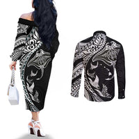 Hawaiian Manta Ray and Polynesian Tribal Tattoo Couples Matching Off The Shoulder Long Sleeve Dress and Long Sleeve Button Shirt Black Color LT03