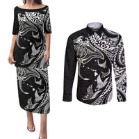 Hawaiian Manta Ray and Polynesian Tribal Tattoo Couples Matching Puletasi and Long Sleeve Button Shirt Black Color LT03 Black - Polynesian Pride