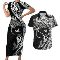 Hawaiian Manta Ray and Polynesian Tribal Tattoo Couples Matching Short Sleeve Bodycon Dress and Hawaiian Shirt Black Color LT03 Black - Polynesian Pride
