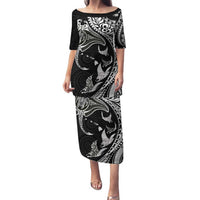 Hawaiian Manta Ray and Polynesian Tribal Tattoo Family Matching Puletasi and Hawaiian Shirt Black Color LT03 Mom's Dress Black - Polynesian Pride
