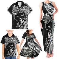 Hawaiian Manta Ray and Polynesian Tribal Tattoo Family Matching Tank Maxi Dress and Hawaiian Shirt Black Color LT03