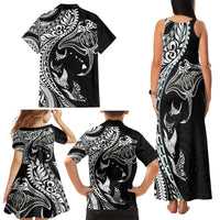 Hawaiian Manta Ray and Polynesian Tribal Tattoo Family Matching Tank Maxi Dress and Hawaiian Shirt Black Color LT03