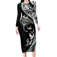 Hawaiian Manta Ray and Polynesian Tribal Tattoo Long Sleeve Bodycon Dress Black Color LT03 Long Dress Black - Polynesian Pride