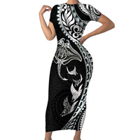 Hawaiian Manta Ray and Polynesian Tribal Tattoo Short Sleeve Bodycon Dress Black Color LT03 Long Dress Black - Polynesian Pride