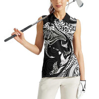 Hawaiian Manta Ray and Polynesian Tribal Tattoo Women Sleeveless Polo Shirt Black Color LT03 - Polynesian Pride