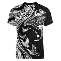 Hawaiian Manta Ray and Polynesian Tribal Tattoo Women V-Neck T-Shirt Black Color LT03 - Polynesian Pride