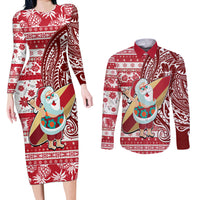 Hawaii Mele Kalikimaka Couples Matching Long Sleeve Bodycon Dress and Long Sleeve Button Shirt Santa Claus Surfing with Hawaiian Pattern Striped Red Style LT03 Red - Polynesian Pride