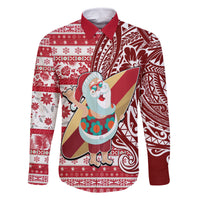 Hawaii Mele Kalikimaka Family Matching Off Shoulder Maxi Dress and Hawaiian Shirt Santa Claus Surfing with Hawaiian Pattern Striped Red Style LT03 Dad's Shirt - Long Sleeve Red - Polynesian Pride