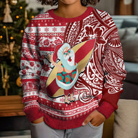 Hawaii Mele Kalikimaka Kid Ugly Christmas Sweater Santa Claus Surfing with Hawaiian Pattern Striped Red Style LT03 - Polynesian Pride