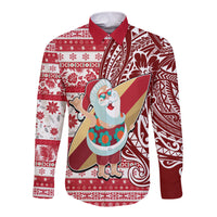 Hawaii Mele Kalikimaka Long Sleeve Button Shirt Santa Claus Surfing with Hawaiian Pattern Striped Red Style LT03 Unisex Red - Polynesian Pride
