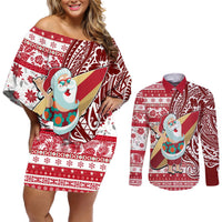 Custom Hawaii Mele Kalikimaka Couples Matching Off Shoulder Short Dress and Long Sleeve Button Shirt Santa Claus Surfing with Hawaiian Pattern Striped Red Style LT03 Red - Polynesian Pride