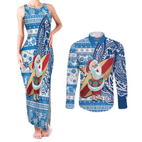 Hawaii Mele Kalikimaka Couples Matching Tank Maxi Dress and Long Sleeve Button Shirt Santa Claus Surfing with Hawaiian Pattern Striped Blue Style LT03 Blue - Polynesian Pride