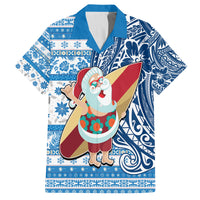 Hawaii Mele Kalikimaka Family Matching Long Sleeve Bodycon Dress and Hawaiian Shirt Santa Claus Surfing with Hawaiian Pattern Striped Blue Style LT03 Dad's Shirt - Short Sleeve Blue - Polynesian Pride