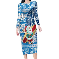Hawaii Mele Kalikimaka Family Matching Long Sleeve Bodycon Dress and Hawaiian Shirt Santa Claus Surfing with Hawaiian Pattern Striped Blue Style LT03 Mom's Dress Blue - Polynesian Pride