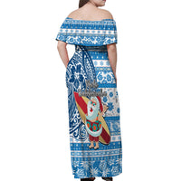 Hawaii Mele Kalikimaka Off Shoulder Maxi Dress Santa Claus Surfing with Hawaiian Pattern Striped Blue Style LT03 - Polynesian Pride