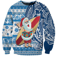 Custom Hawaii Mele Kalikimaka Sweatshirt Santa Claus Surfing with Hawaiian Pattern Striped Blue Style LT03 Unisex Blue - Polynesian Pride