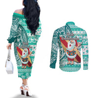 Hawaii Mele Kalikimaka Couples Matching Off The Shoulder Long Sleeve Dress and Long Sleeve Button Shirt Santa Claus Surfing with Hawaiian Pattern Striped Turquoise Style LT03 - Polynesian Pride