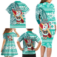 Hawaii Mele Kalikimaka Family Matching Long Sleeve Bodycon Dress and Hawaiian Shirt Santa Claus Surfing with Hawaiian Pattern Striped Turquoise Style LT03 - Polynesian Pride