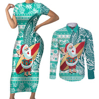 Custom Hawaii Mele Kalikimaka Couples Matching Short Sleeve Bodycon Dress and Long Sleeve Button Shirt Santa Claus Surfing with Hawaiian Pattern Striped Turquoise Style LT03 Turquoise - Polynesian Pride
