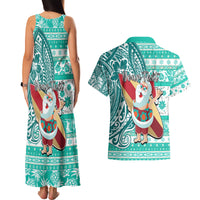 Custom Hawaii Mele Kalikimaka Couples Matching Tank Maxi Dress and Hawaiian Shirt Santa Claus Surfing with Hawaiian Pattern Striped Turquoise Style LT03 - Polynesian Pride