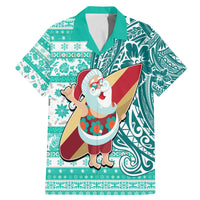Custom Hawaii Mele Kalikimaka Family Matching Mermaid Dress and Hawaiian Shirt Santa Claus Surfing with Hawaiian Pattern Striped Turquoise Style LT03 Dad's Shirt - Short Sleeve Turquoise - Polynesian Pride
