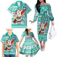 Custom Hawaii Mele Kalikimaka Family Matching Off Shoulder Long Sleeve Dress and Hawaiian Shirt Santa Claus Surfing with Hawaiian Pattern Striped Turquoise Style LT03 - Polynesian Pride