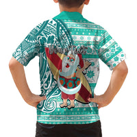 Custom Hawaii Mele Kalikimaka Kid Hawaiian Shirt Santa Claus Surfing with Hawaiian Pattern Striped Turquoise Style LT03 - Polynesian Pride