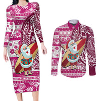 Custom Hawaii Mele Kalikimaka Couples Matching Long Sleeve Bodycon Dress and Long Sleeve Button Shirt Santa Claus Surfing with Hawaiian Pattern Striped Pink Style LT03 Pink - Polynesian Pride
