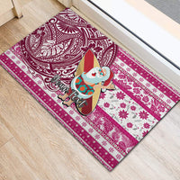 Custom Hawaii Mele Kalikimaka Rubber Doormat Santa Claus Surfing with Hawaiian Pattern Striped Pink Style LT03 - Polynesian Pride