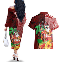 Hawaii Mele Kalikimaka Couples Matching Off The Shoulder Long Sleeve Dress and Hawaiian Shirt Santa Claus and Hula Girl Tropical Folwer with Hawaiian Pattern LT03 - Polynesian Pride
