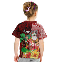 Custom Hawaii Mele Kalikimaka Kid T Shirt Santa Claus and Hula Girl Tropical Folwer with Hawaiian Pattern LT03 - Polynesian Pride