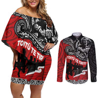 Aotearoa Toitu Te Tiriti Couples Matching Off Shoulder Short Dress and Long Sleeve Button Shirt Honoring Te Tiriti o Waitangi Maori Haka LT03 Red - Polynesian Pride