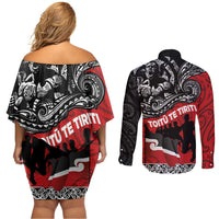 Aotearoa Toitu Te Tiriti Couples Matching Off Shoulder Short Dress and Long Sleeve Button Shirt Honoring Te Tiriti o Waitangi Maori Haka LT03 - Polynesian Pride