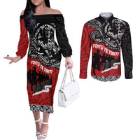 Aotearoa Toitu Te Tiriti Couples Matching Off The Shoulder Long Sleeve Dress and Long Sleeve Button Shirt Honoring Te Tiriti o Waitangi Maori Haka LT03 Red - Polynesian Pride