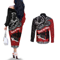 Aotearoa Toitu Te Tiriti Couples Matching Off The Shoulder Long Sleeve Dress and Long Sleeve Button Shirt Honoring Te Tiriti o Waitangi Maori Haka LT03 - Polynesian Pride