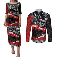 Aotearoa Toitu Te Tiriti Couples Matching Puletasi and Long Sleeve Button Shirt Honoring Te Tiriti o Waitangi Maori Haka LT03 Red - Polynesian Pride