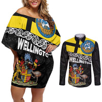 New Zealand Wellington Couples Matching Off Shoulder Short Dress and Long Sleeve Button Shirt The Capital's Emblems Flag and Koru Art LT03 Black - Polynesian Pride