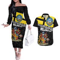 New Zealand Wellington Couples Matching Off The Shoulder Long Sleeve Dress and Hawaiian Shirt The Capital's Emblems Flag and Koru Art LT03 Black - Polynesian Pride