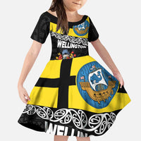 New Zealand Wellington Family Matching Puletasi and Hawaiian Shirt The Capital's Emblems Flag and Koru Art LT03 Daughter's Dress Black - Polynesian Pride