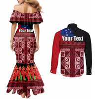 Samoa Flag Day Couples Matching Mermaid Dress and Long Sleeve Button Shirt Siapo Pattern and Ula Fala LT03 - Polynesian Pride