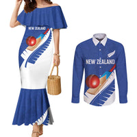 Custom New Zealand Cricket Couples Matching Mermaid Dress and Long Sleeve Button Shirt Kiwi Birds Haka Dance Blue Fern Sporty Style LT03 Blue - Polynesian Pride