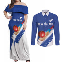 Custom New Zealand Cricket Couples Matching Off Shoulder Maxi Dress and Long Sleeve Button Shirt Kiwi Birds Haka Dance Blue Fern Sporty Style LT03 Blue - Polynesian Pride