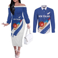 Custom New Zealand Cricket Couples Matching Off The Shoulder Long Sleeve Dress and Long Sleeve Button Shirt Kiwi Birds Haka Dance Blue Fern Sporty Style LT03 Blue - Polynesian Pride