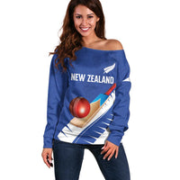 Custom New Zealand Cricket Off Shoulder Sweater Kiwi Birds Haka Dance Blue Fern Sporty Style LT03 Women Blue - Polynesian Pride
